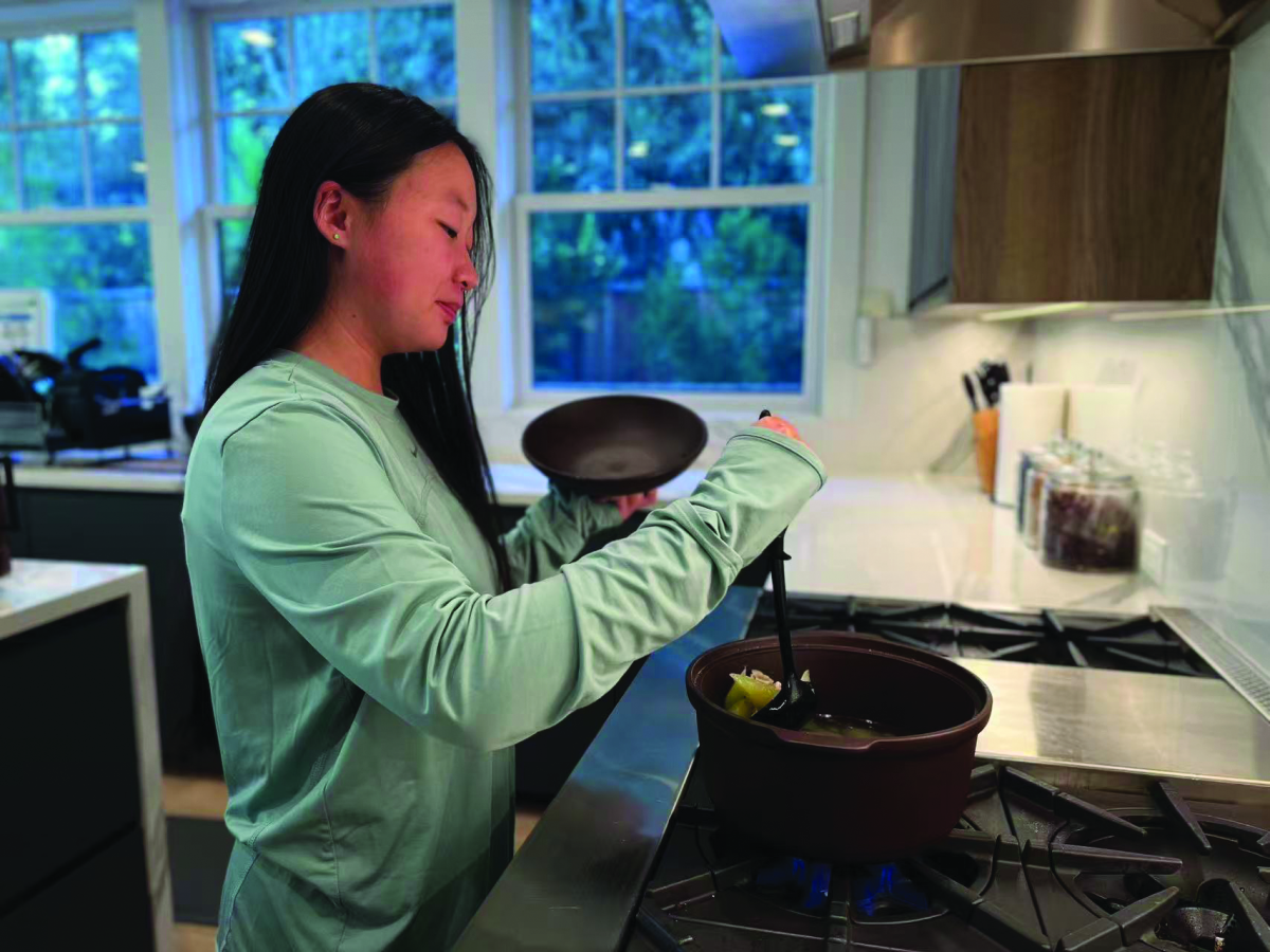 Making Soup – Paly senior Doreen Hou boils a pot of ribs and Chinese lettuce soup. The soup is made for dinner. It has a light aroma as the steam rises when it boils. According to the The Guardian, Chinese lettuce was introduced to America in the 19th to 20th century and originated in the Mediterranean. 